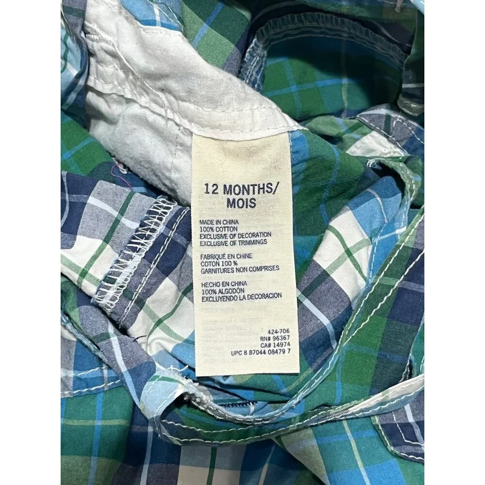 Oshkosh B'gosh Bib Overall Shorts Baby 12 Mos Blue Plaid Y2K